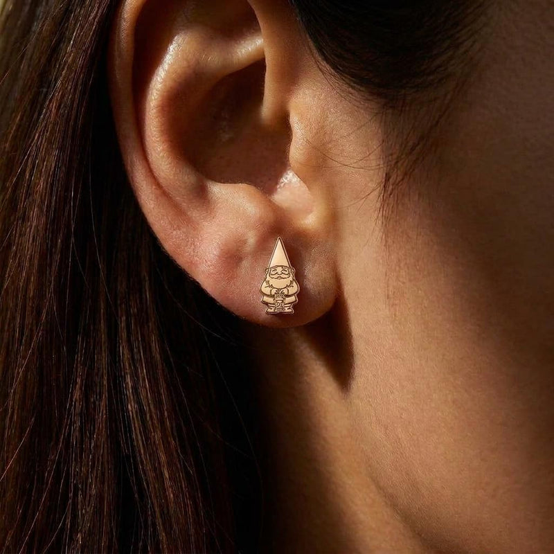 Pair of small gold garden gnome stud earrings with pointed hats and beards. (5 of 8)