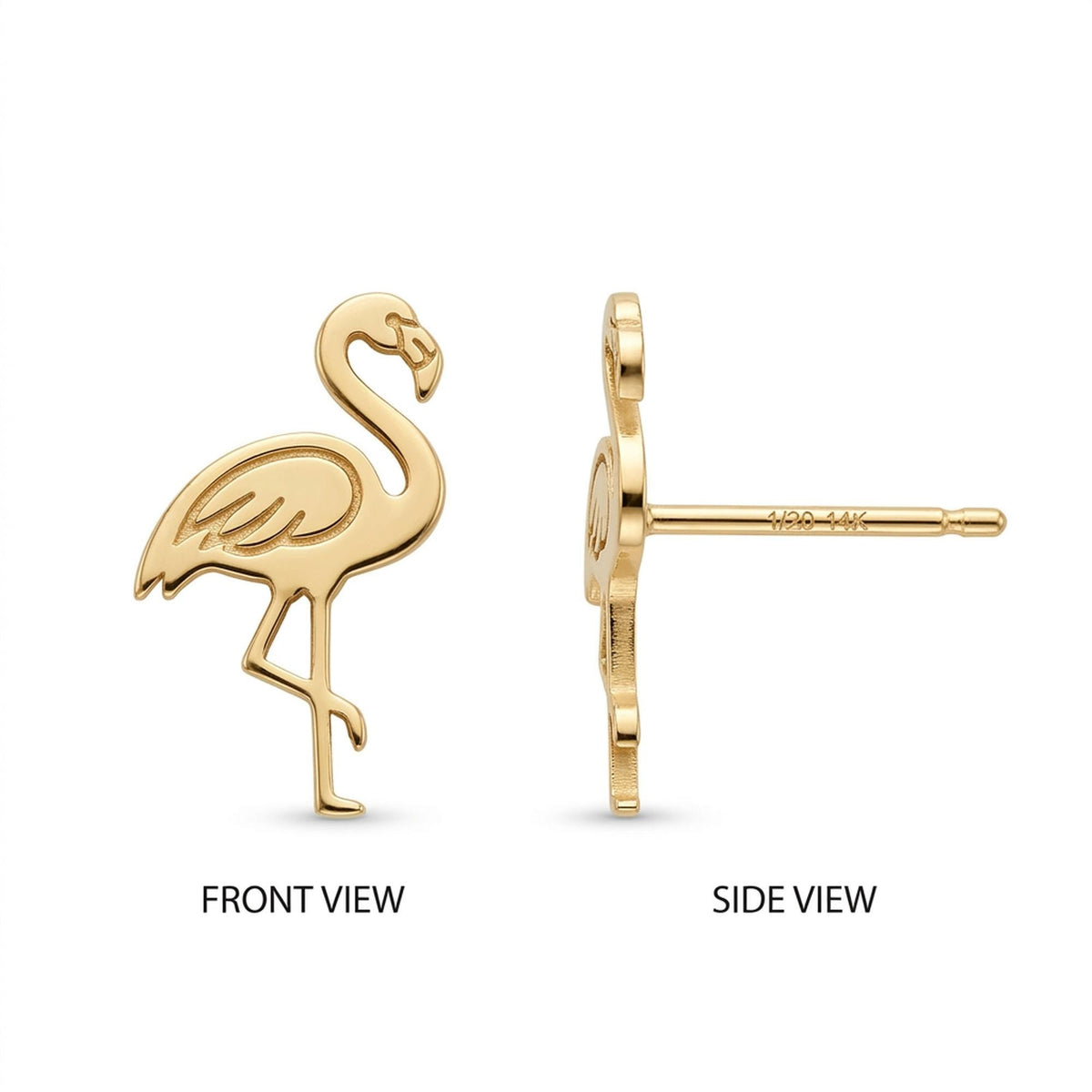 Small gold flamingo stud earrings standing on one leg with curved neck