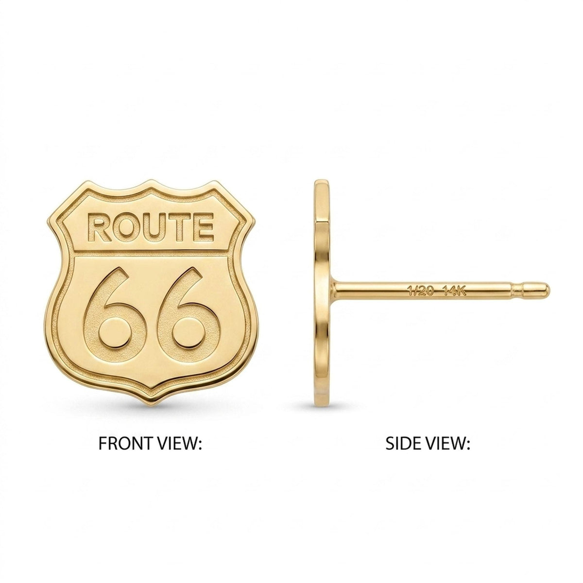 Pair of tiny gold Route 66 highway shield stud earrings
