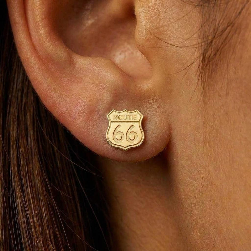 Pair of tiny gold Route 66 highway shield stud earrings (2 of 8)