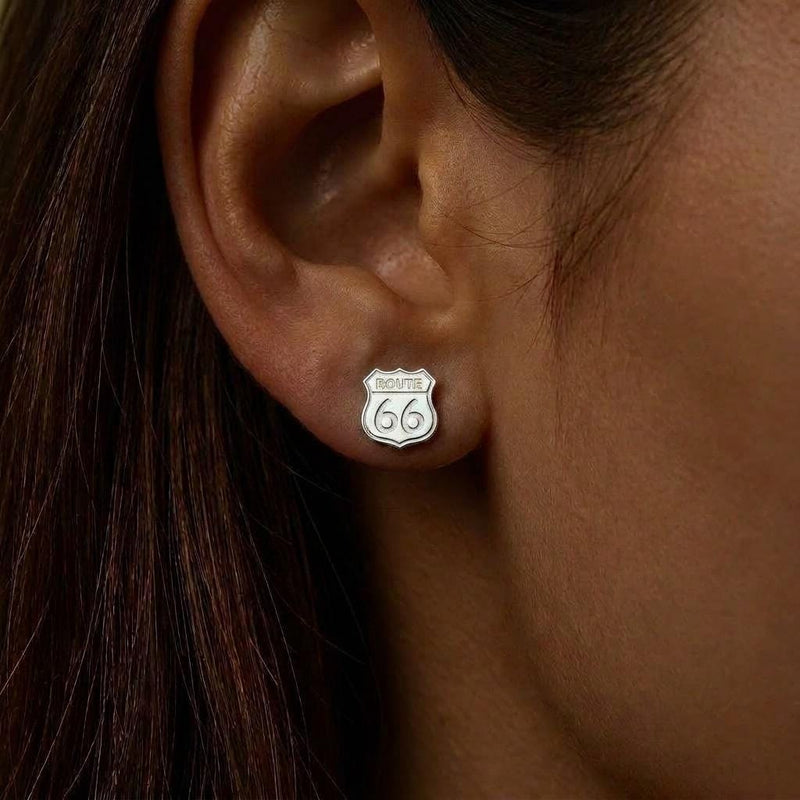Pair of tiny gold Route 66 highway shield stud earrings (3 of 8)