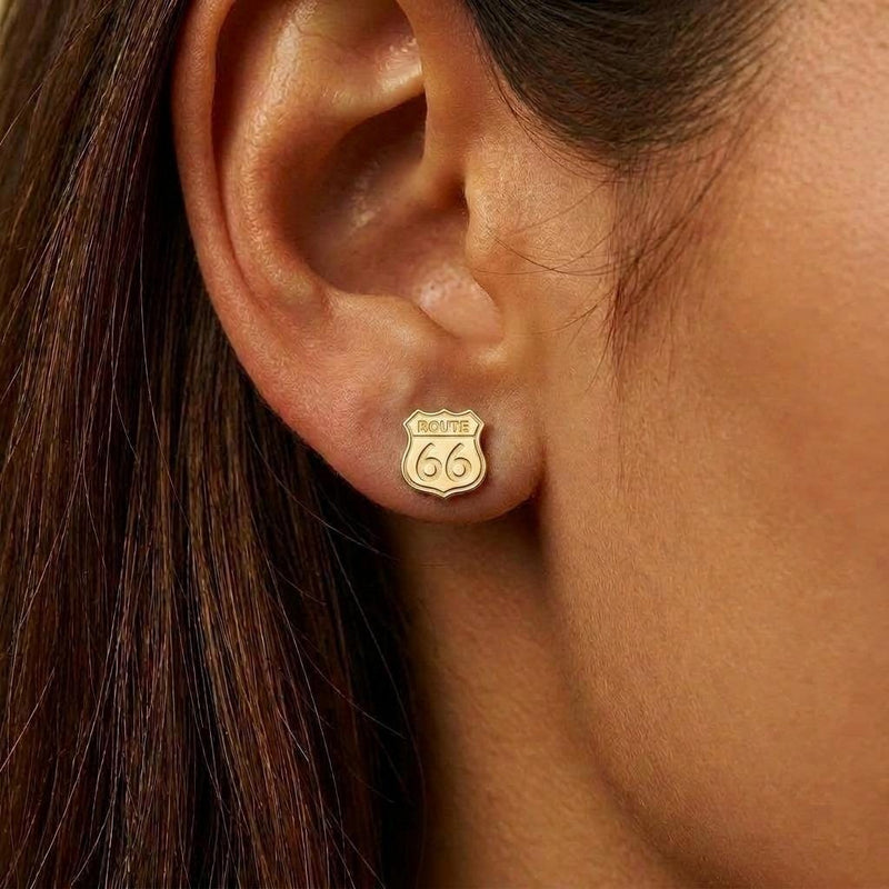 Pair of tiny gold Route 66 highway shield stud earrings (4 of 8)