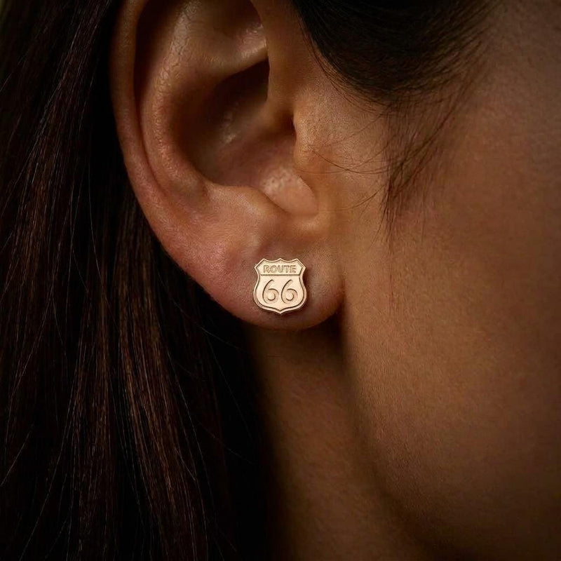 Pair of tiny gold Route 66 highway shield stud earrings (5 of 8)