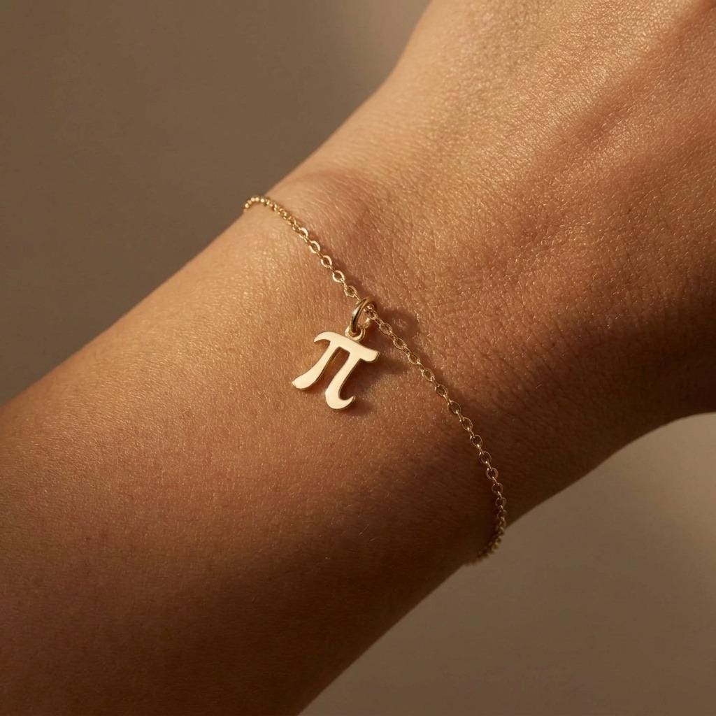 Small gold pi symbol charm hanging from a fine chain bracelet