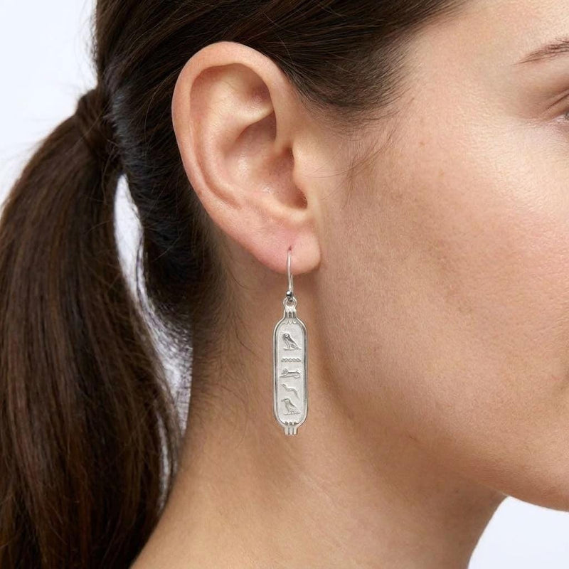 Pair of narrow oval Egyptian cartouche earrings in gold with vertical carved marks down the center (2 of 7)