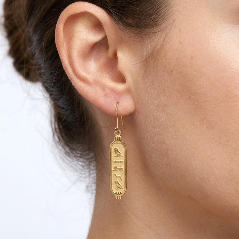 Pair of narrow oval Egyptian cartouche earrings in gold with vertical carved marks down the center (3 of 7)