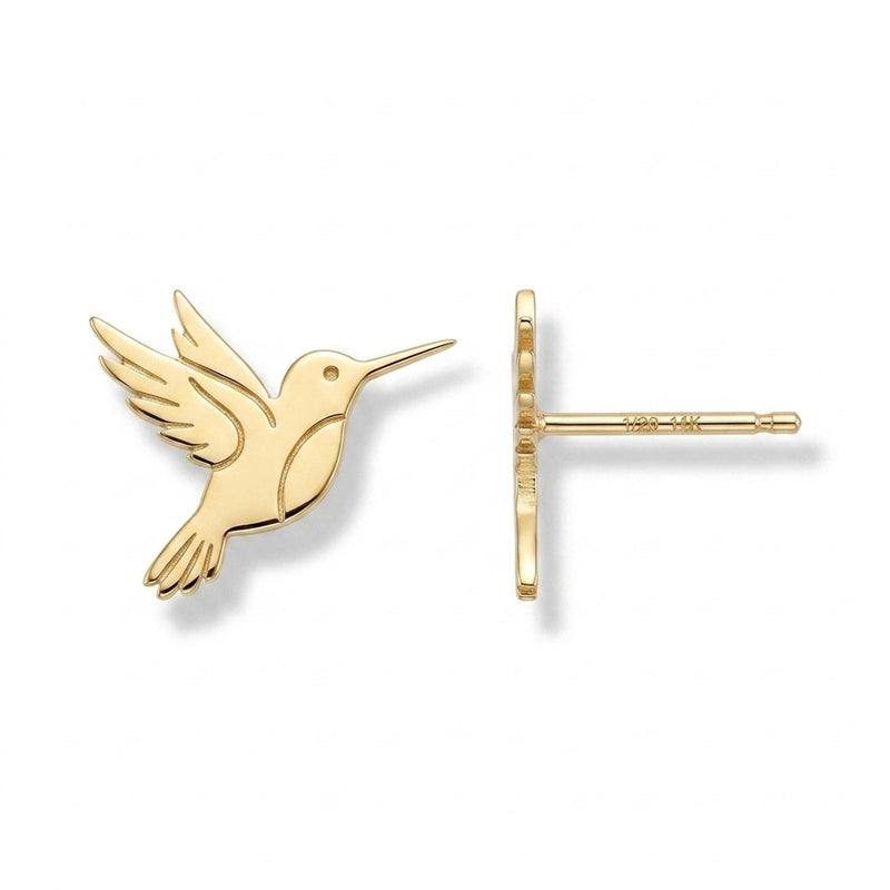 Pair of tiny gold hummingbird stud earrings shown mid-hover with wings back