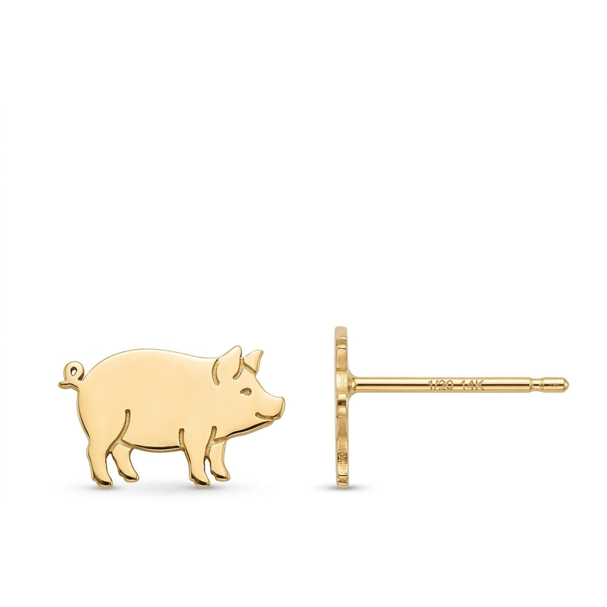 Pair of small pig stud earrings in gold shown in profile with a curled tail