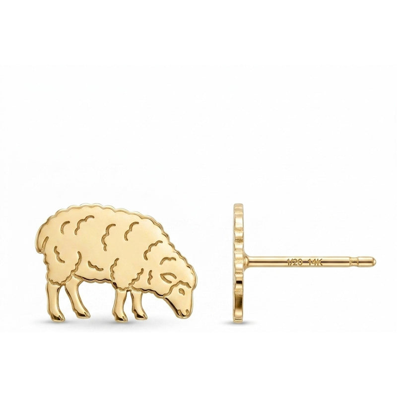 Pair of small gold sheep stud earrings with the head lowered to graze