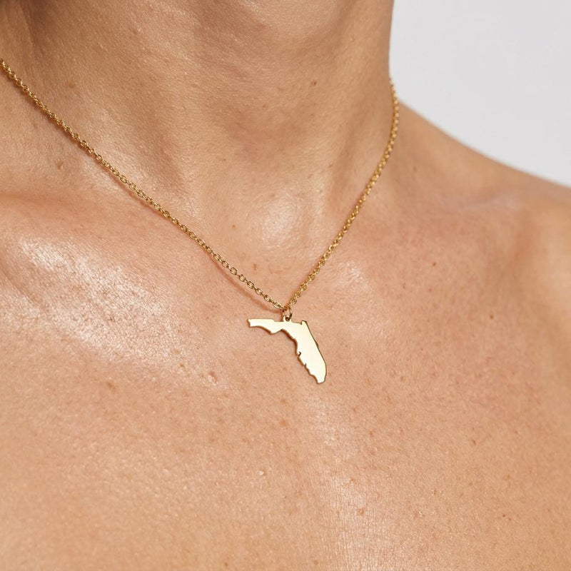 Dainty gold state outline pendant on a fine cable chain, shown flat on white (2 of 8)
