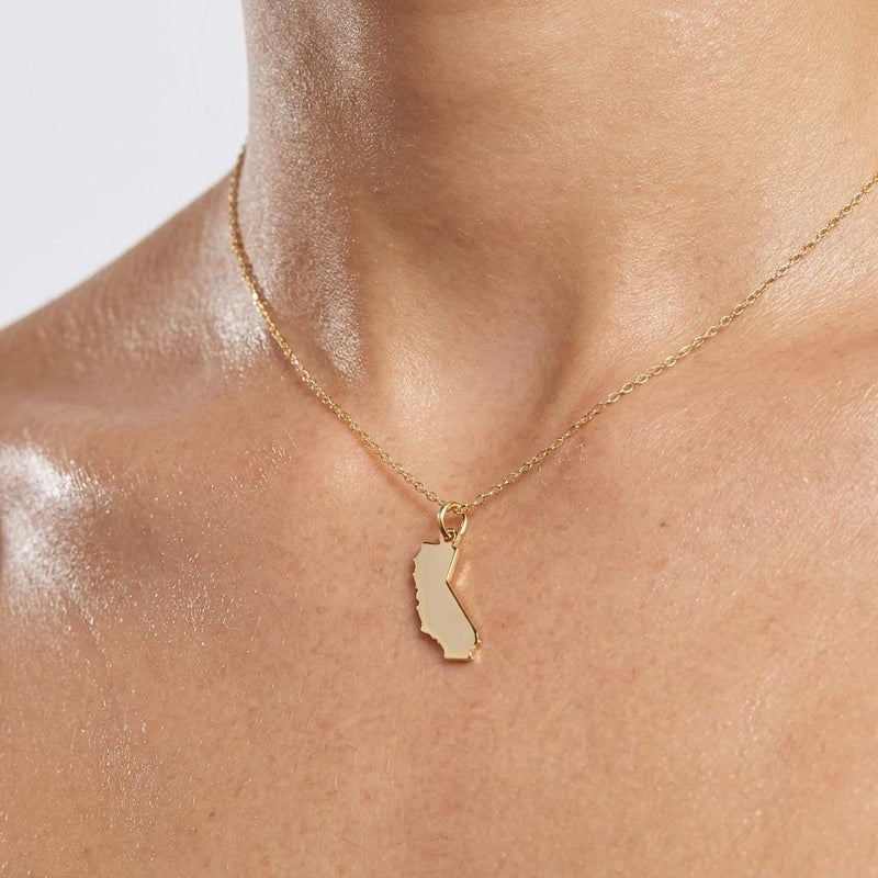 Dainty gold state outline pendant on a fine cable chain, shown flat on white (5 of 8)