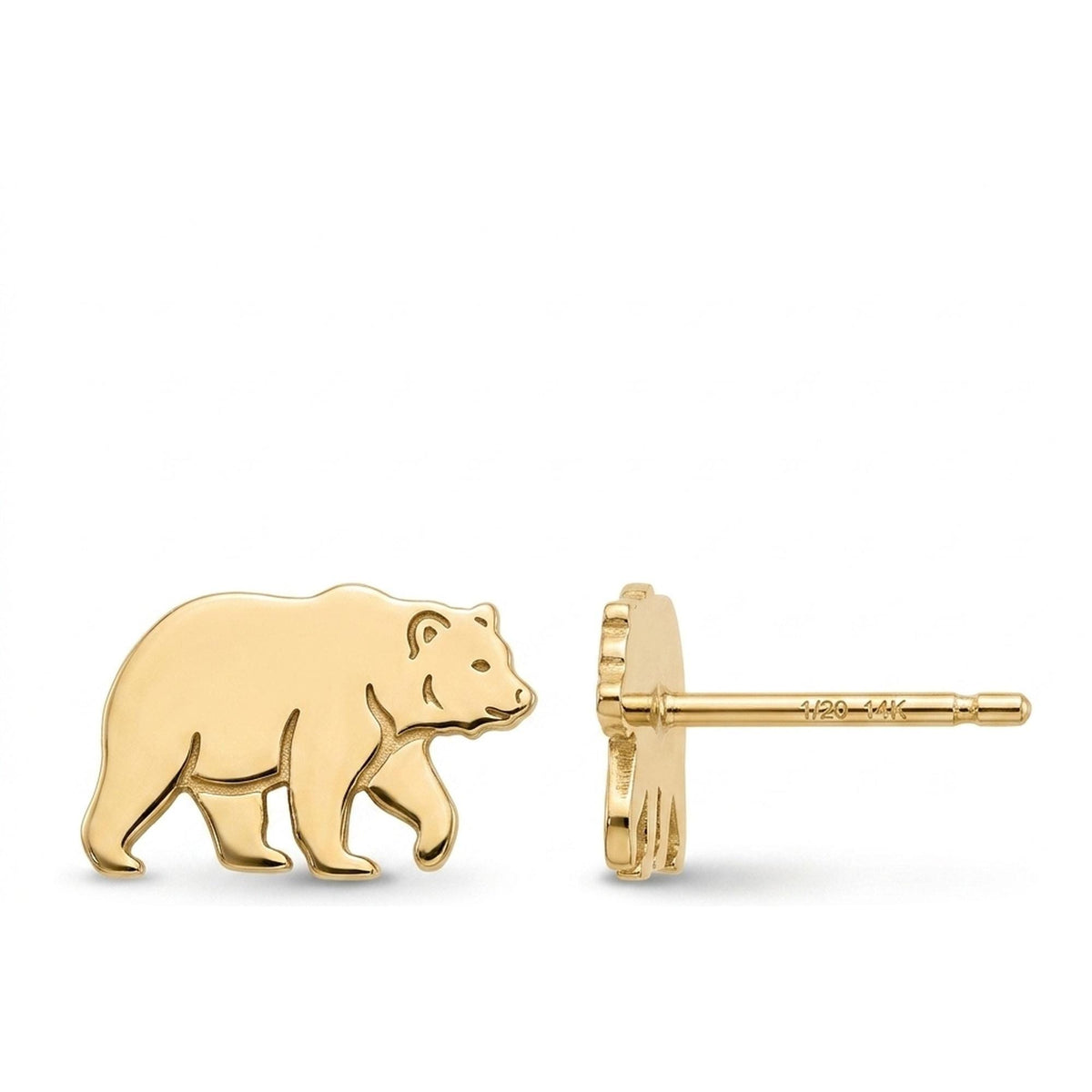 Pair of stud earrings shaped like a walking grizzly bear, in gold