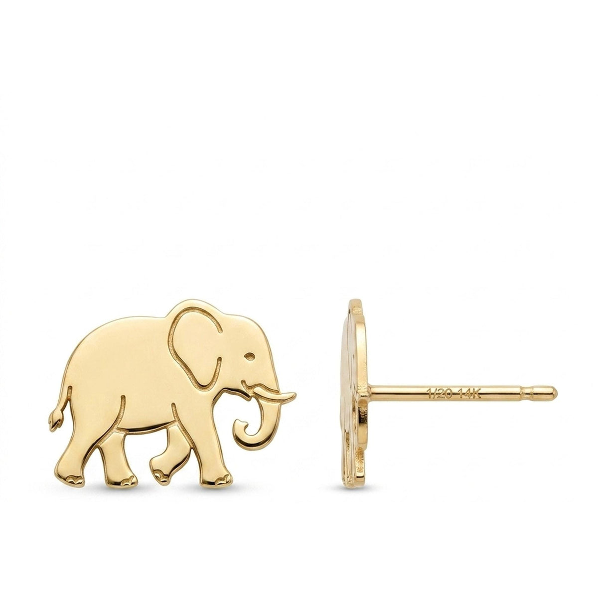 Pair of tiny gold elephant stud earrings with raised trunk, shown on a white background