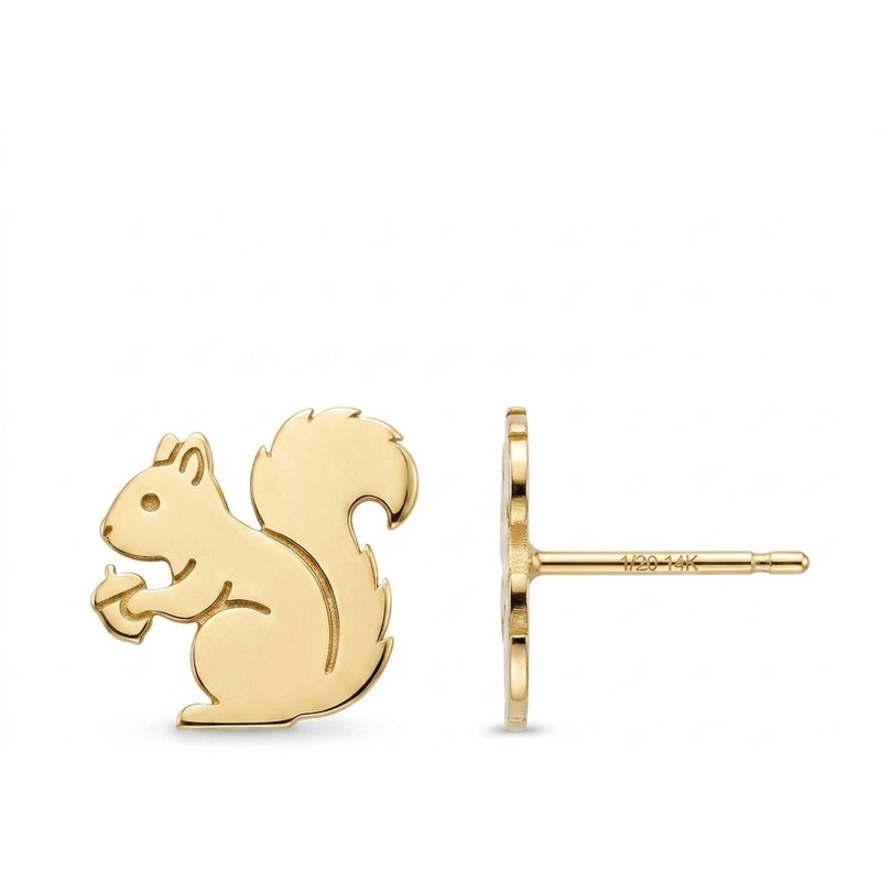 Pair of small gold squirrel stud earrings with curled tails