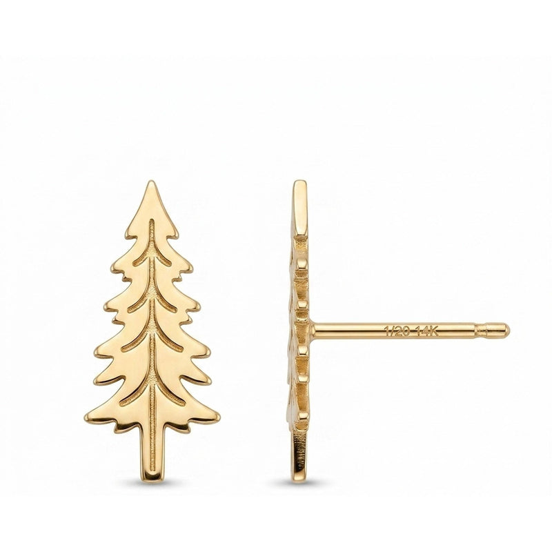 Pair of small gold pine tree stud earrings on a white background