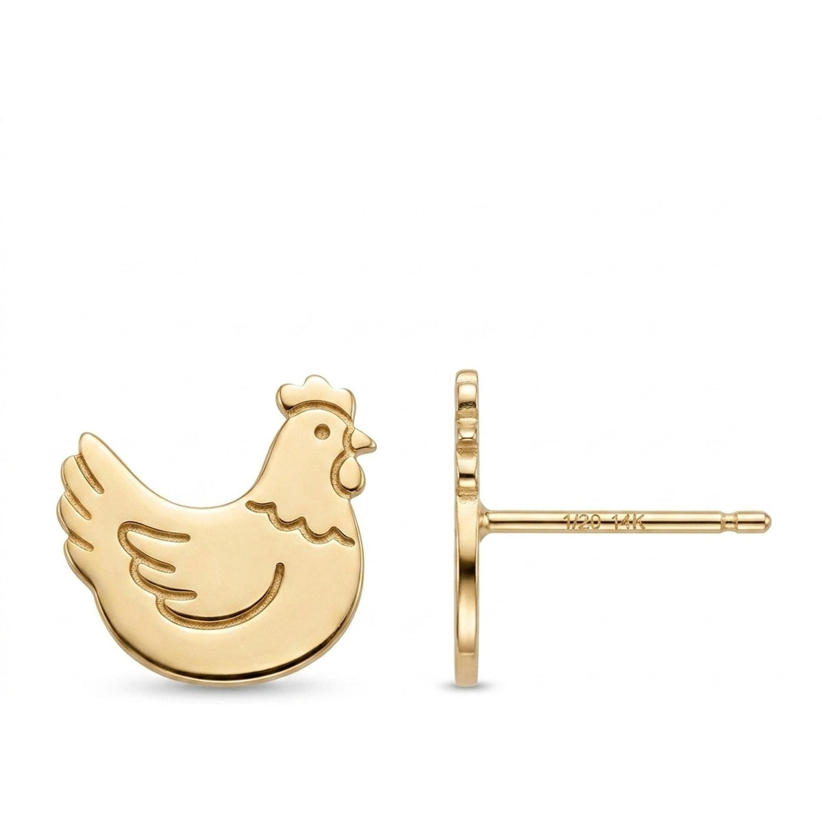 Pair of small gold chicken stud earrings showing a hen in profile