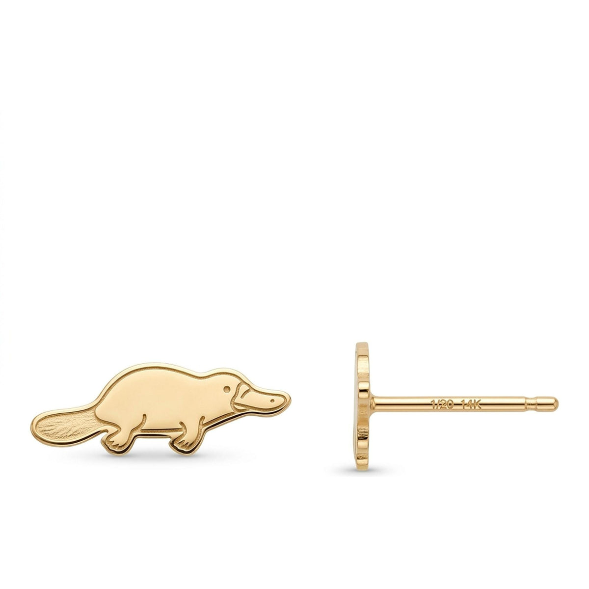 Pair of small gold platypus stud earrings with bill and flat tail, on a white background