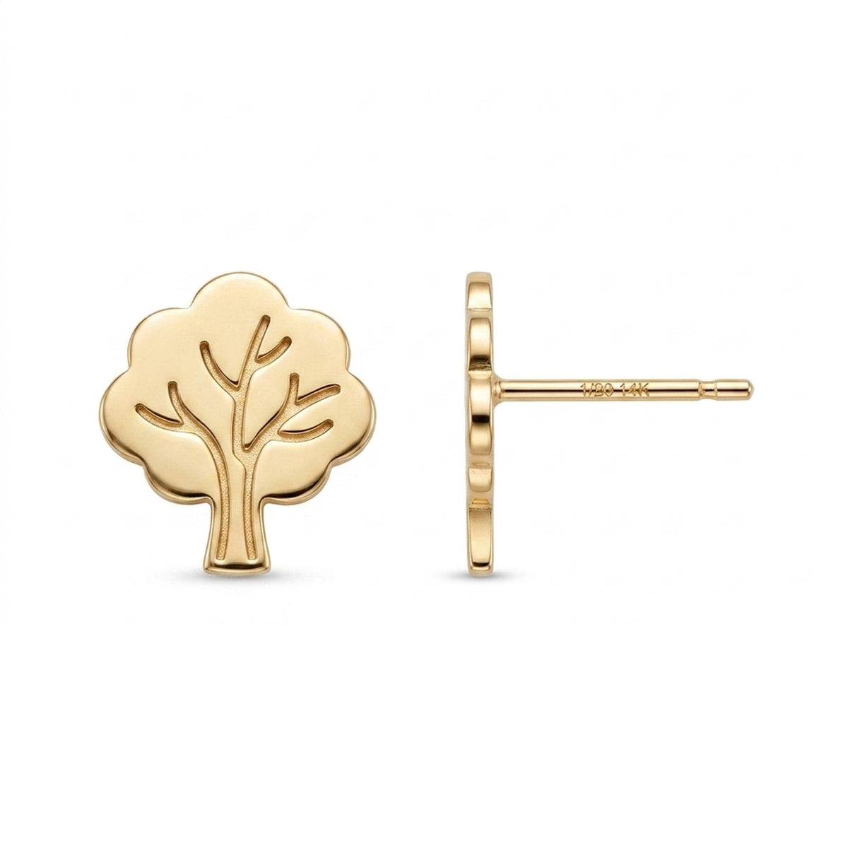 Pair of tiny gold tree stud earrings with a rounded canopy and short trunk