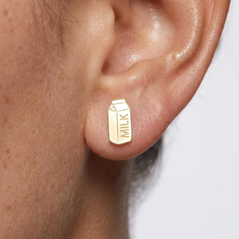 Pair of small gold milk carton stud earrings shaped like a peaked paper carton (2 of 6)