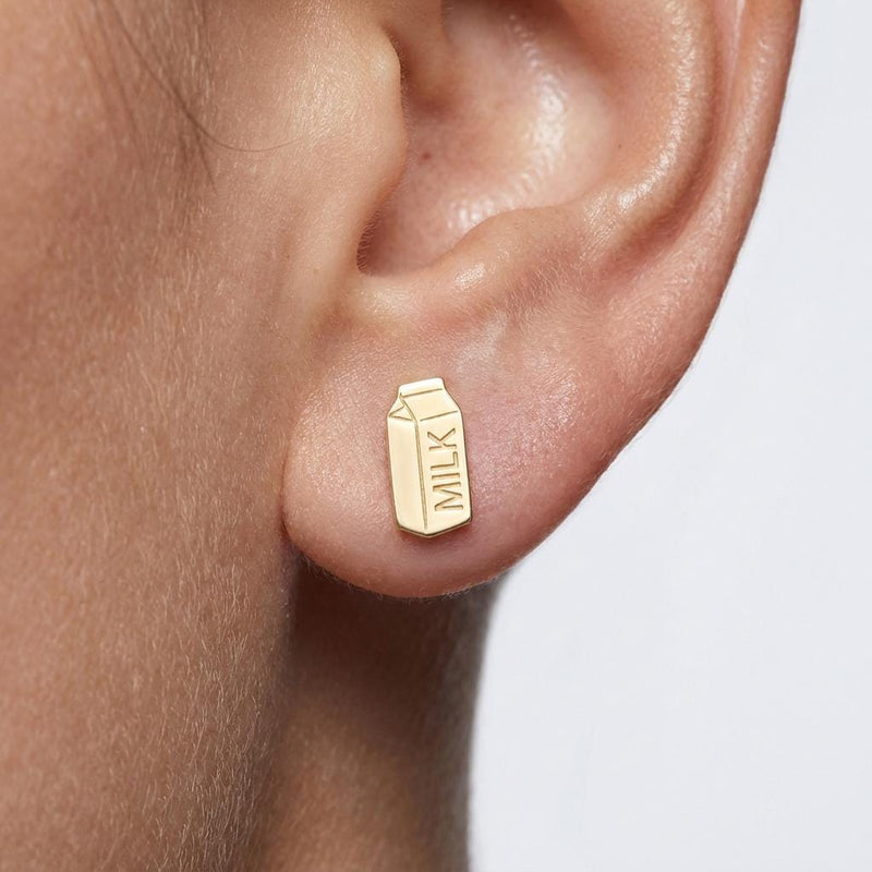 Pair of small gold milk carton stud earrings shaped like a peaked paper carton (3 of 6)