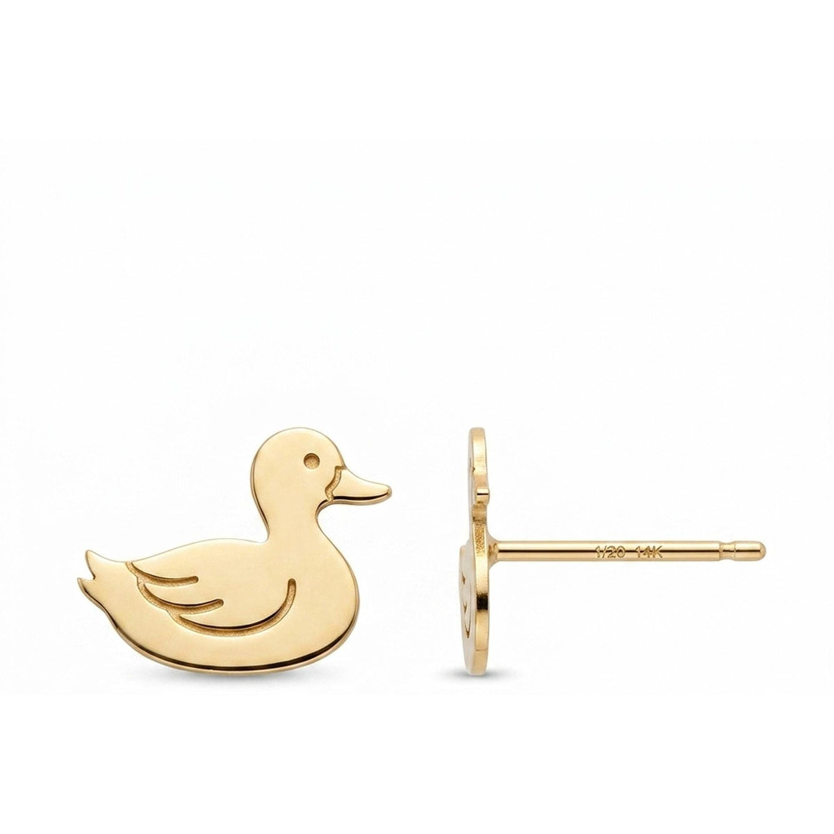 Pair of small duck stud earrings in gold shown in profile