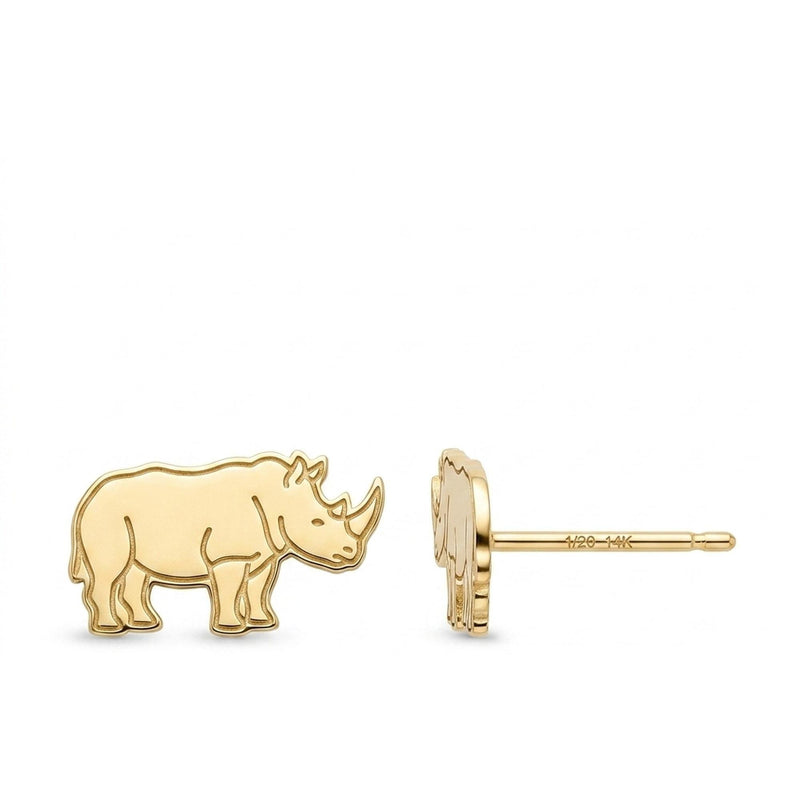 Pair of small gold rhino stud earrings with two horns and heavy shoulders