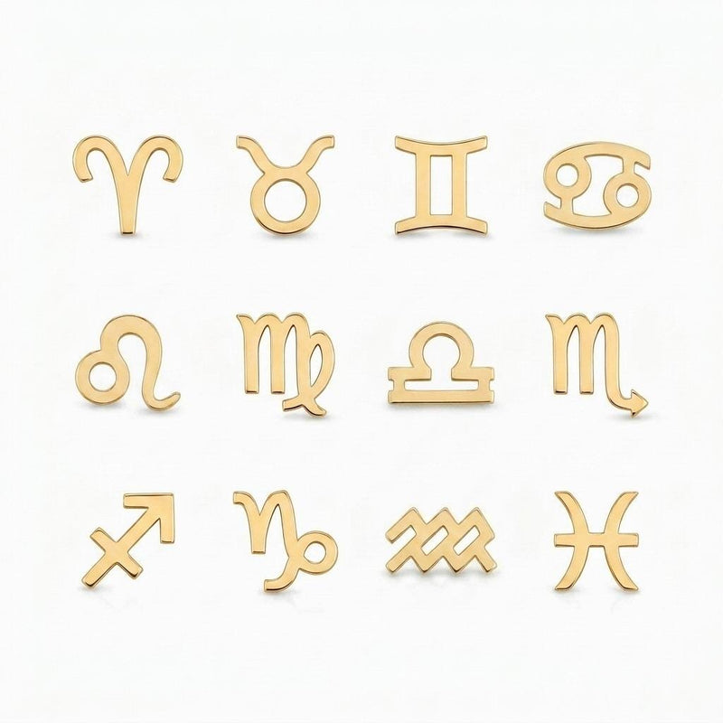 Pair of tiny zodiac sign glyph stud earrings in gold (12 of 14)