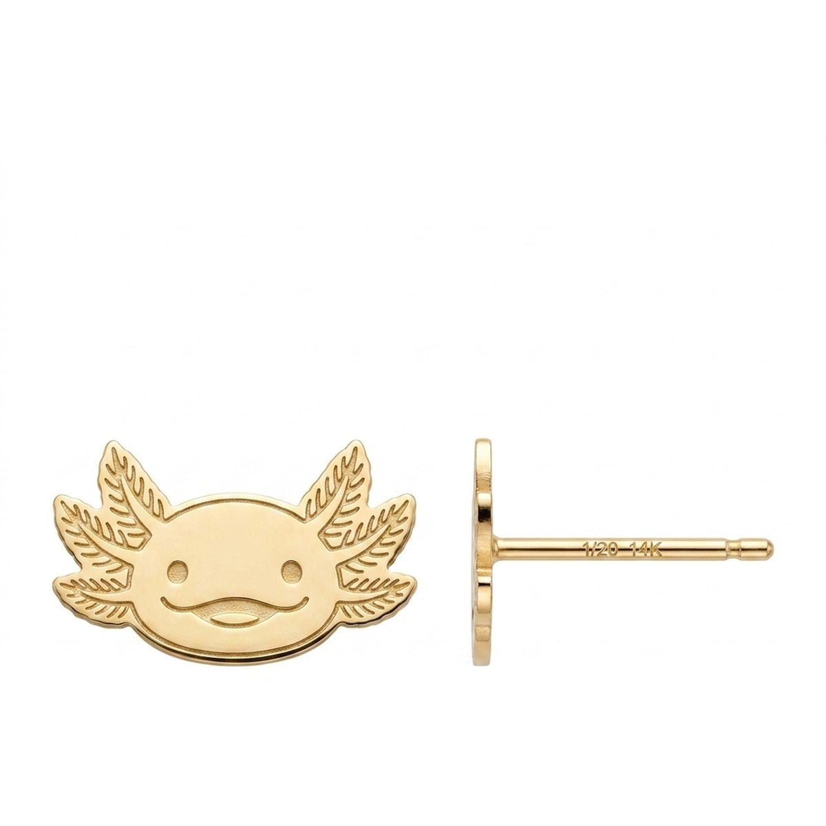Pair of small gold axolotl stud earrings with frilled gills and a wide smile