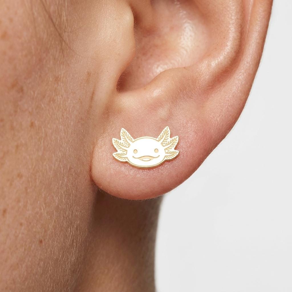 Pair of small gold axolotl stud earrings with frilled gills and a wide smile (2 of 5)