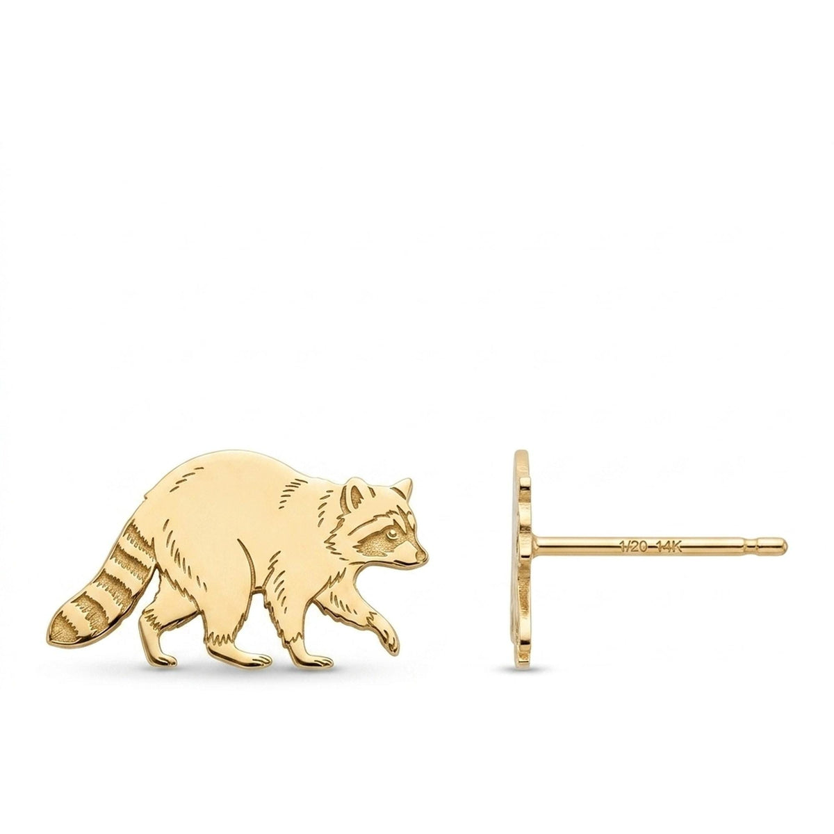 Pair of small gold raccoon stud earrings with masked face and ringed tail
