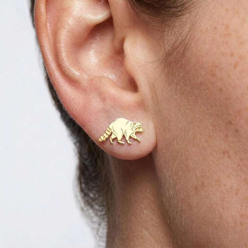 Pair of small gold raccoon stud earrings with masked face and ringed tail (3 of 5)