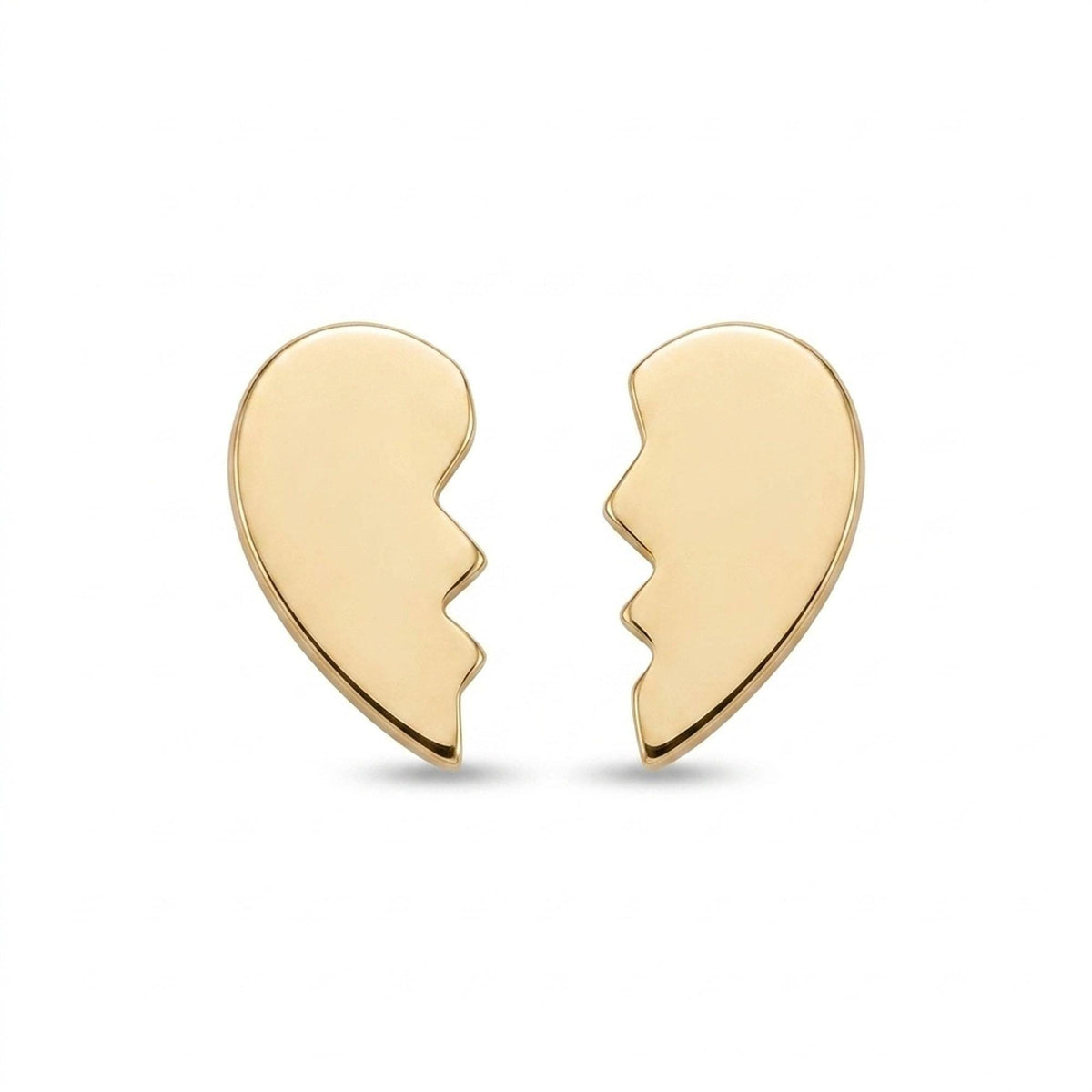 Pair of tiny gold broken heart stud earrings, each a half heart with a jagged edge