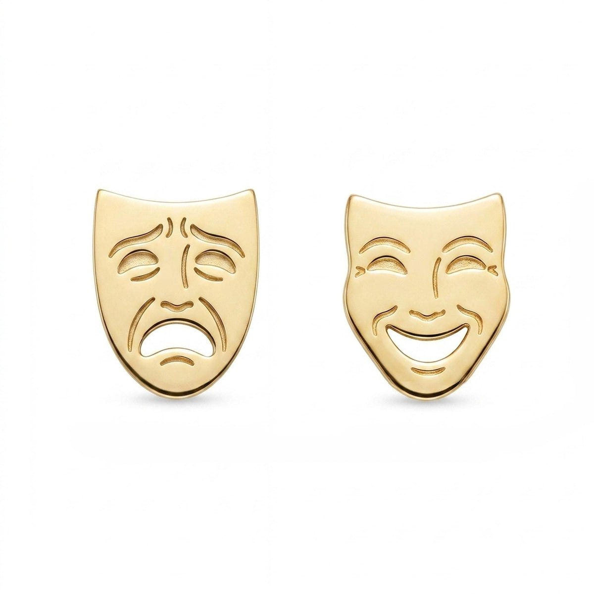 Pair of small gold comedy and tragedy drama mask stud earrings