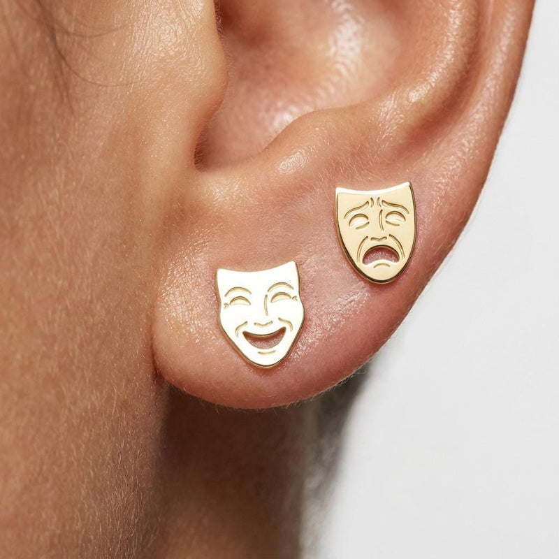 Pair of small gold comedy and tragedy drama mask stud earrings (2 of 6)