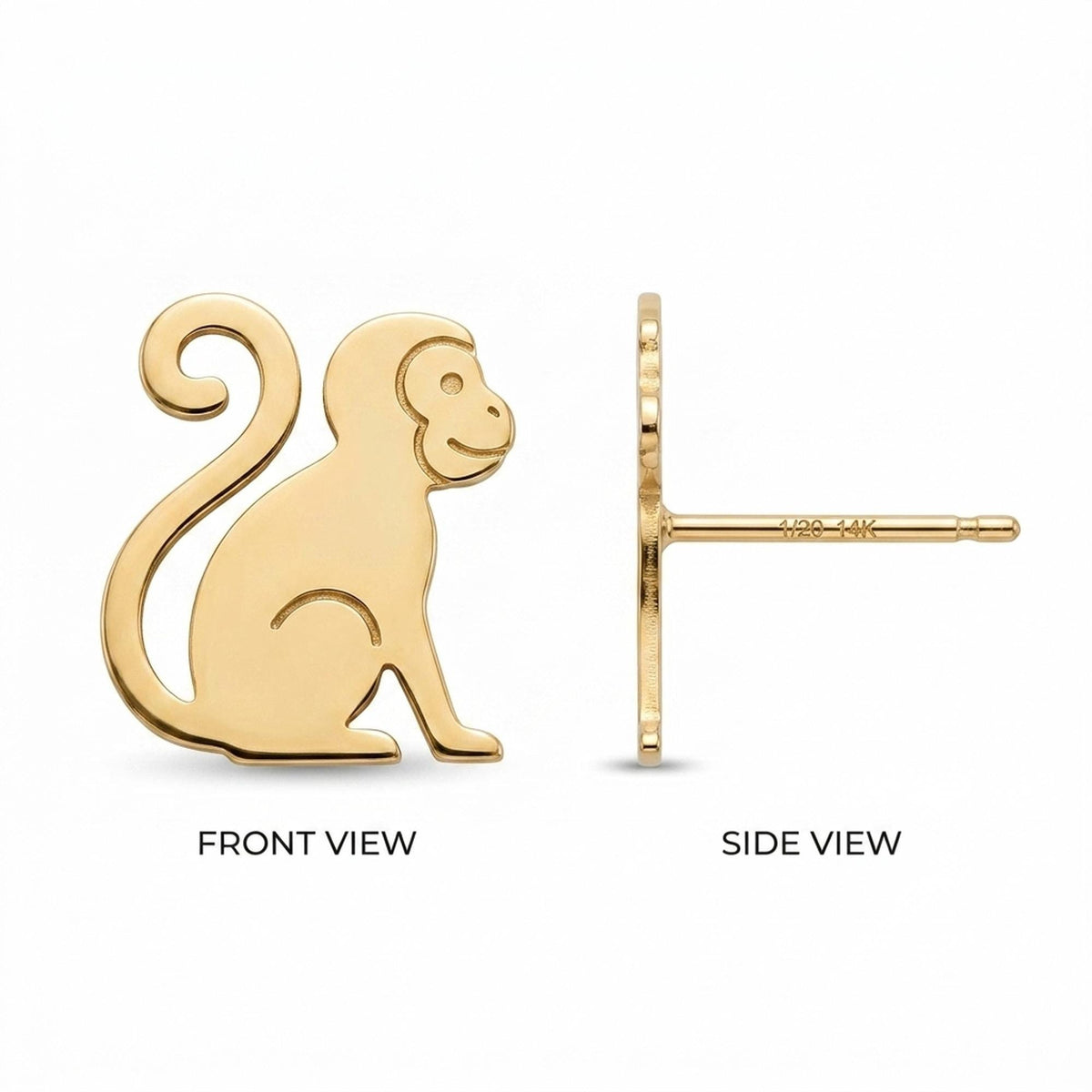 Pair of small gold monkey stud earrings with simple carved facial detail