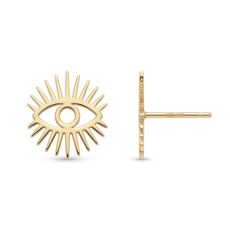Pair of small gold evil eye stud earrings with an almond-shaped eye motif