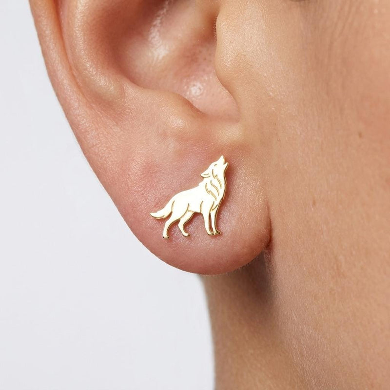 Small gold wolf stud earrings, howling wolf silhouette on a post, shown as a pair (2 of 7)