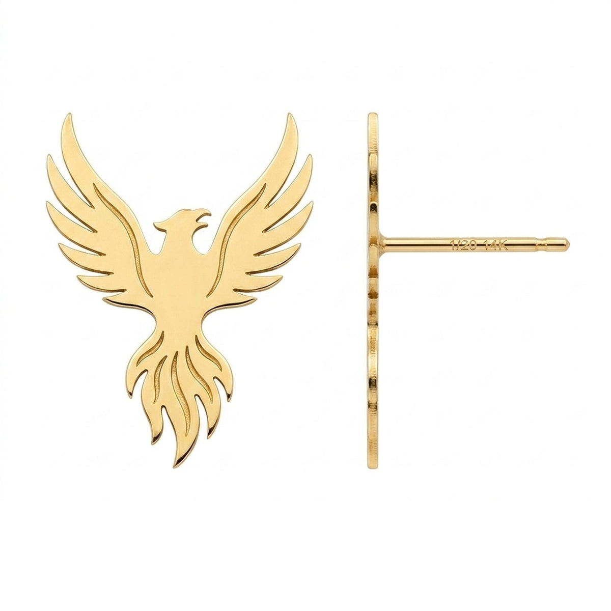 Pair of phoenix stud earrings in gold with wings raised and a trailing tail