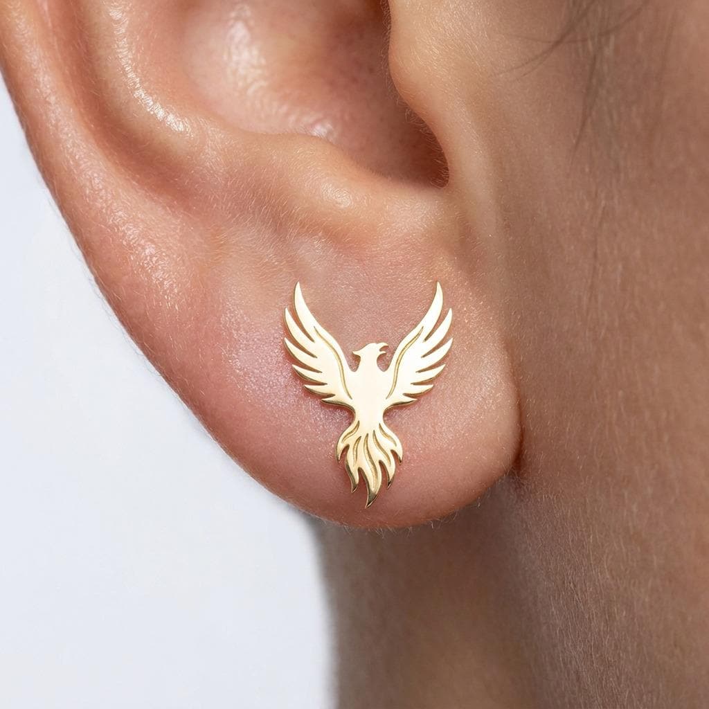 Pair of phoenix stud earrings in gold with wings raised and a trailing tail (2 of 6)