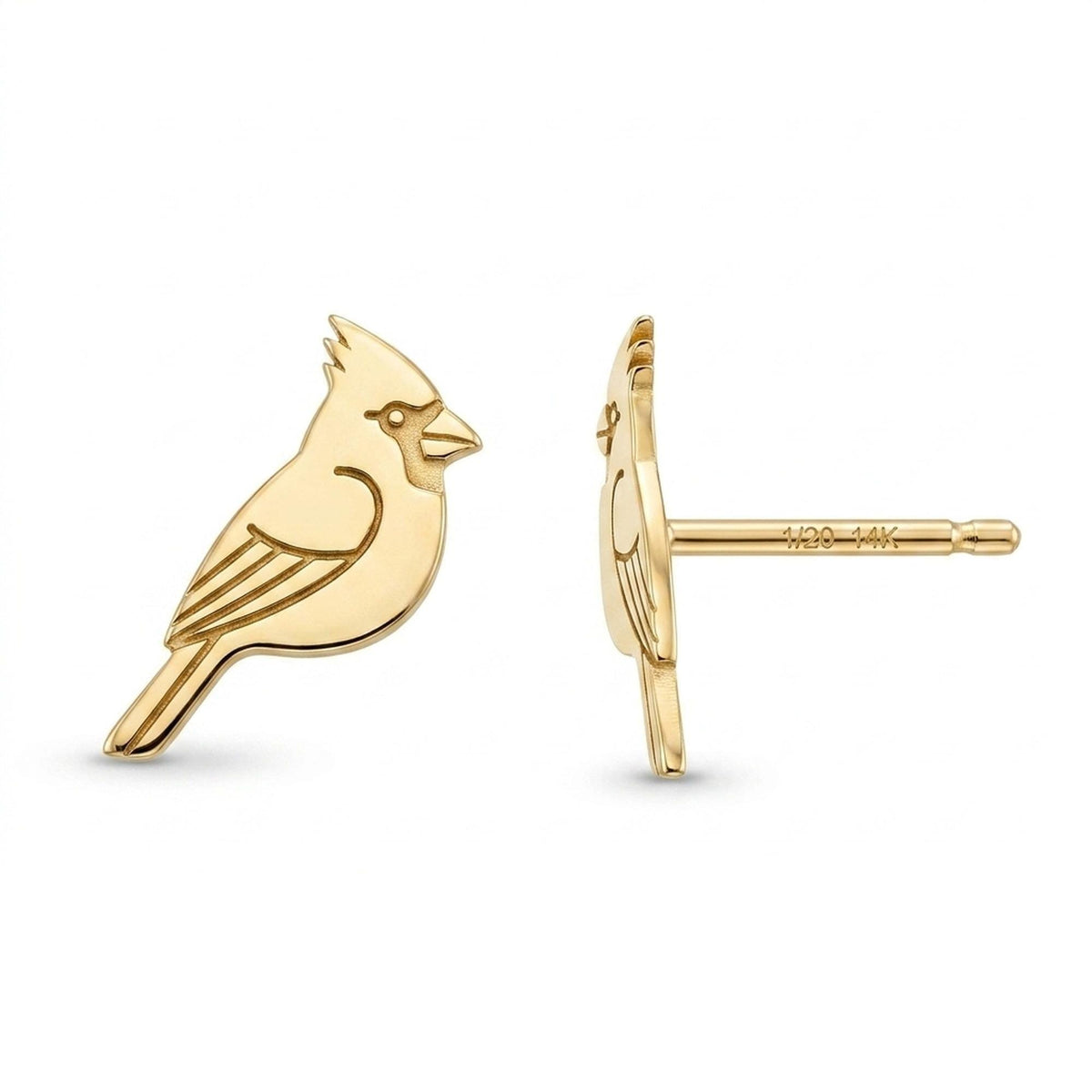 Pair of small gold cardinal bird stud earrings shown on a white background