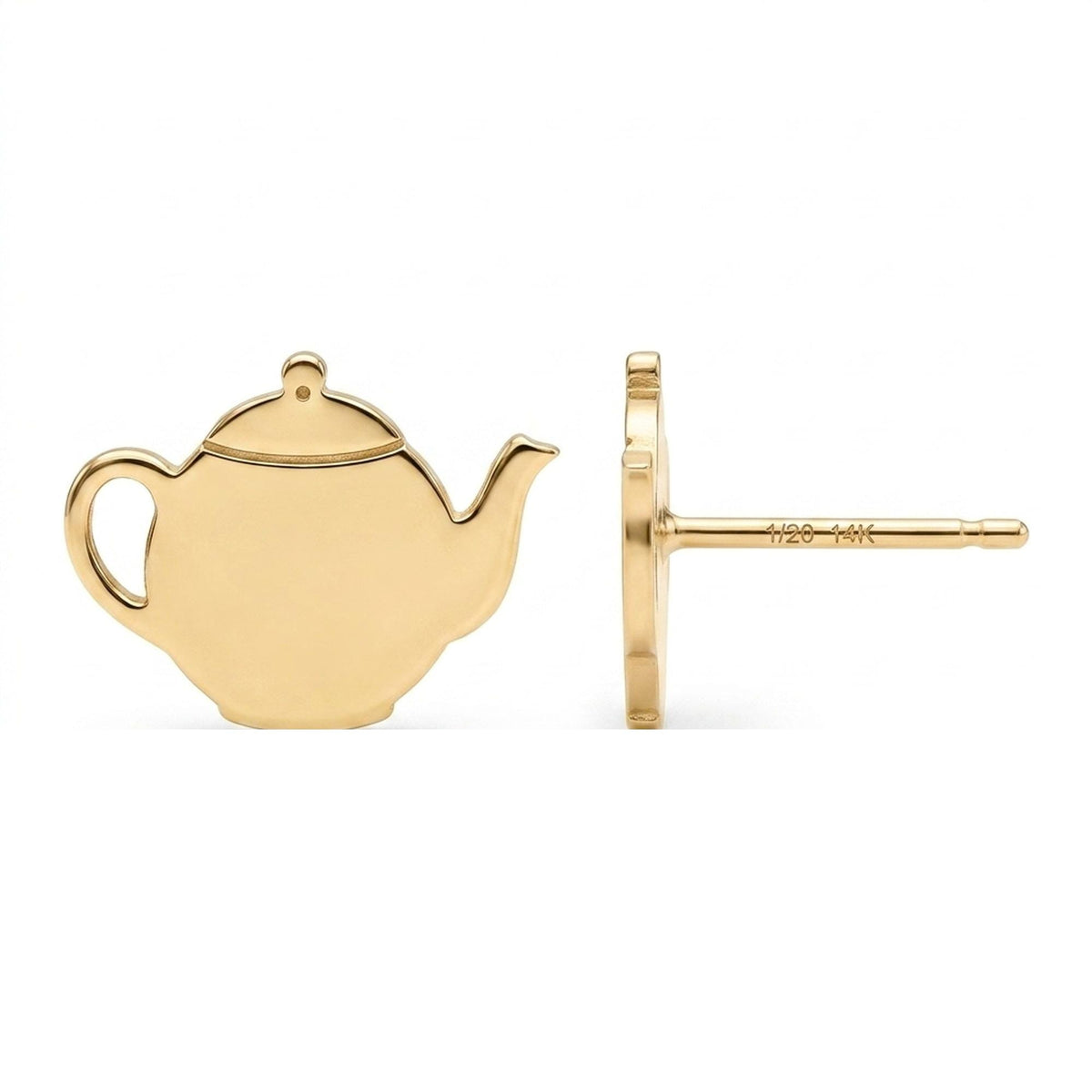 Pair of small gold teapot stud earrings with spout and handle