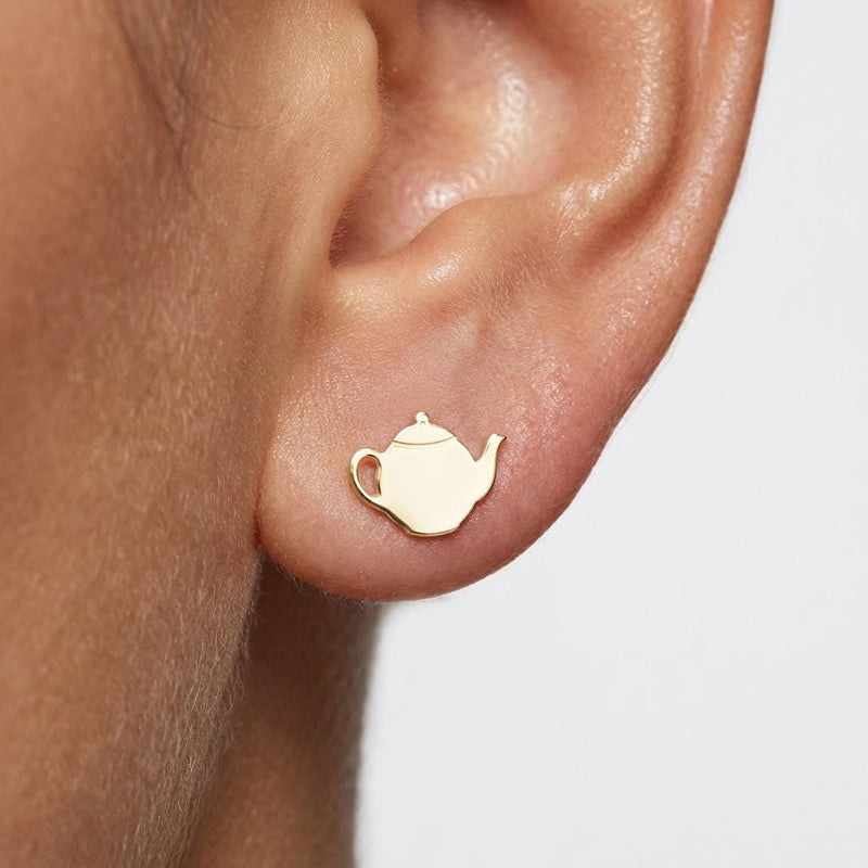Pair of small gold teapot stud earrings with spout and handle (2 of 6)