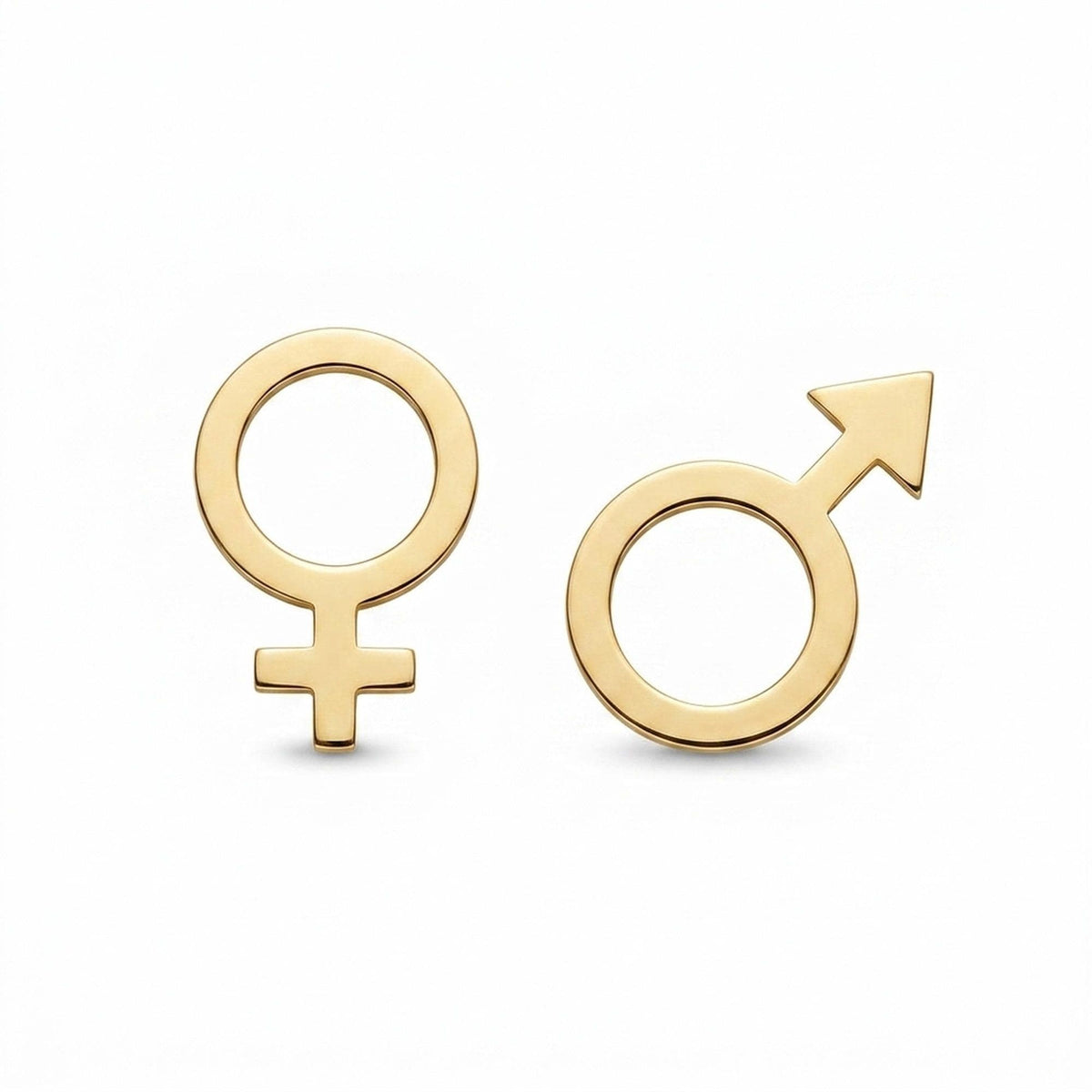 Mismatched pair of gold Venus and Mars symbol stud earrings