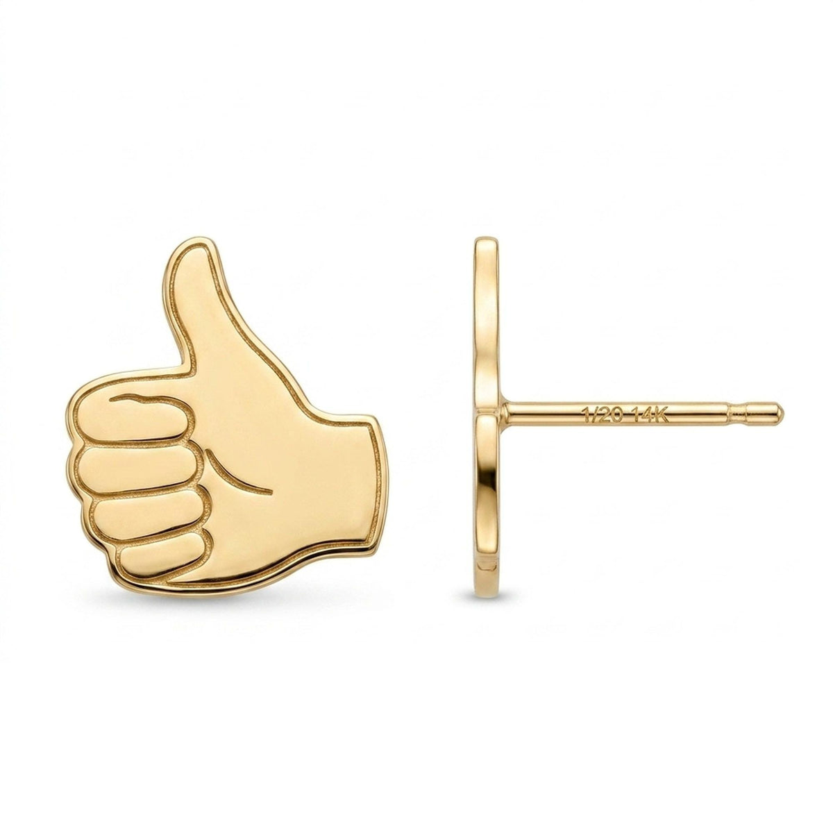 Pair of small gold thumbs up hand stud earrings