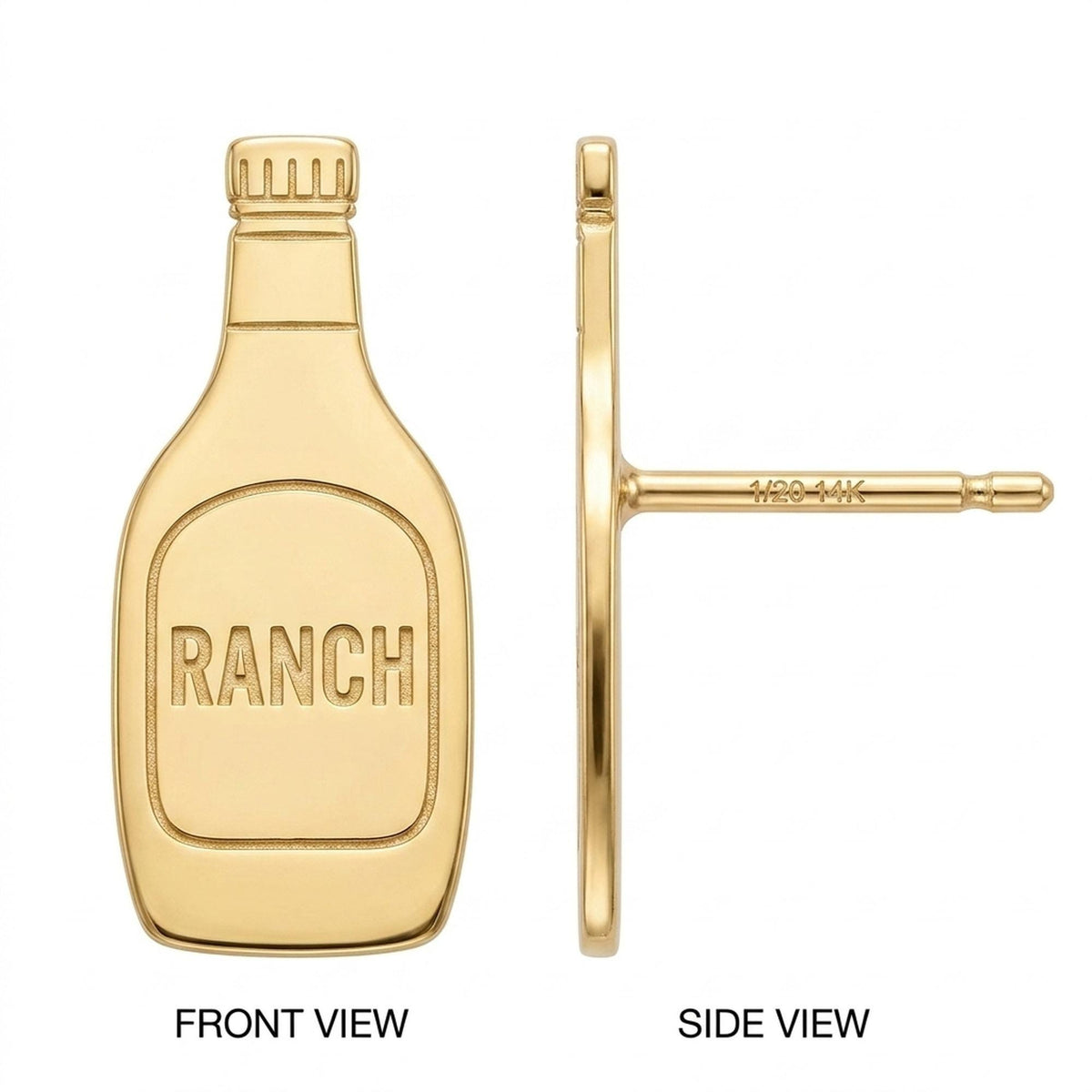 Pair of tiny gold ranch dressing bottle earrings with caps