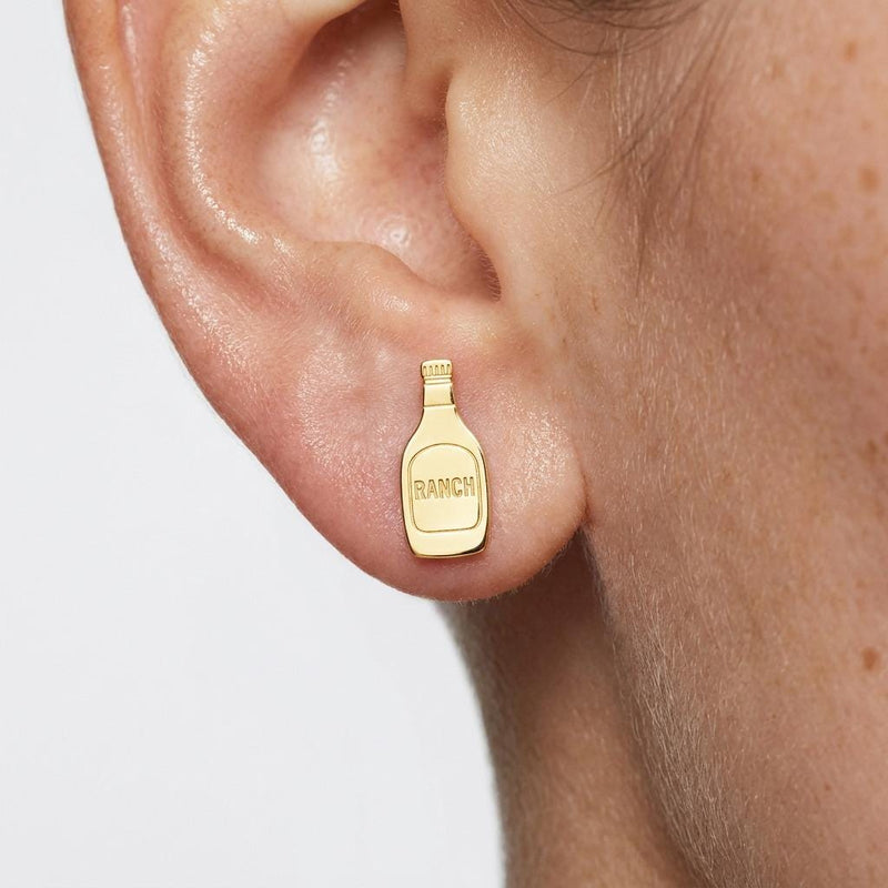 Pair of tiny gold ranch dressing bottle earrings with caps (2 of 6)