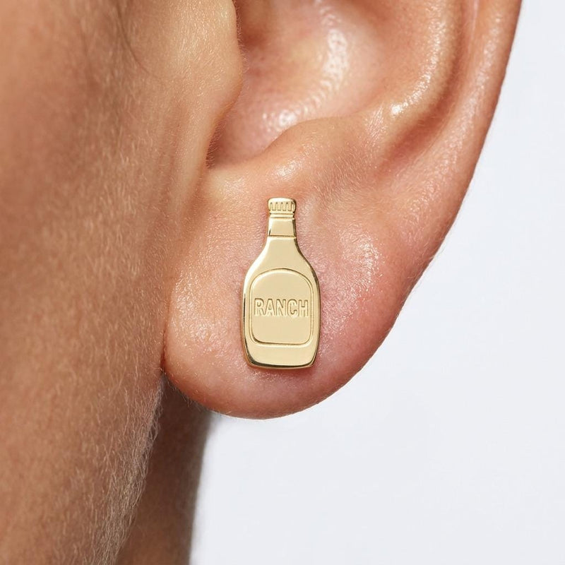 Pair of tiny gold ranch dressing bottle earrings with caps (3 of 6)