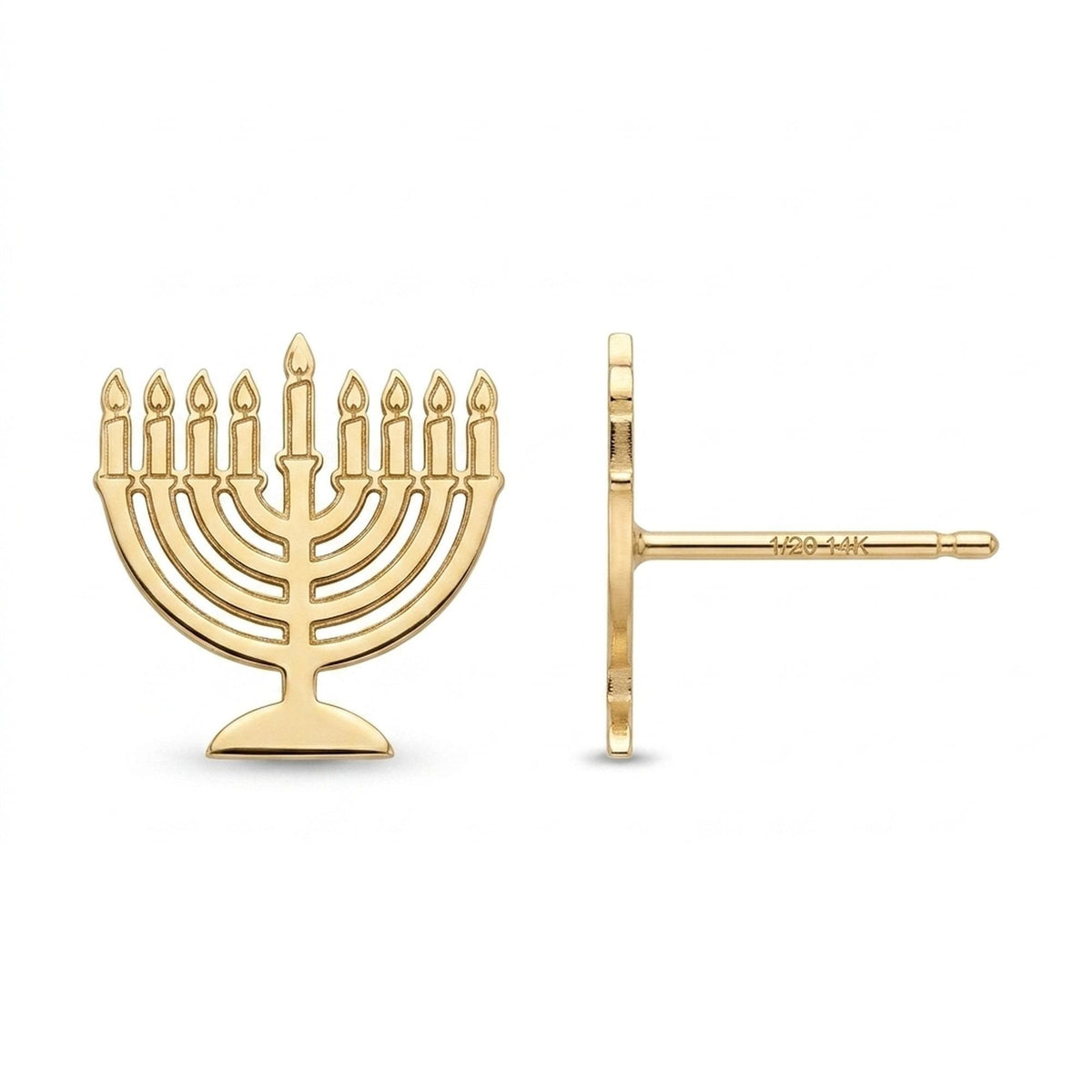 Pair of tiny menorah stud earrings in polished gold