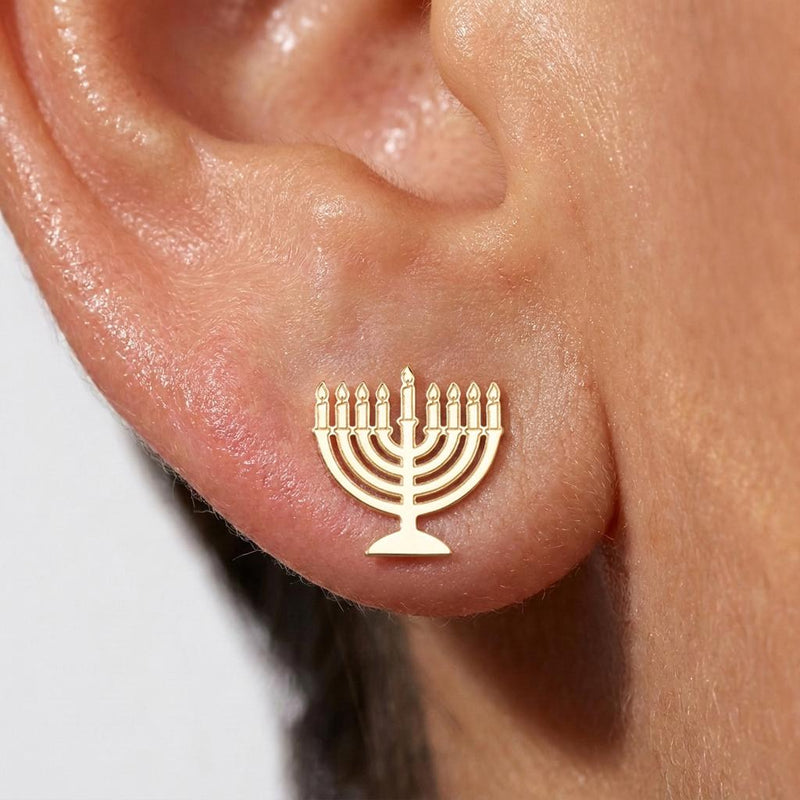 Pair of tiny menorah stud earrings in polished gold (2 of 5)
