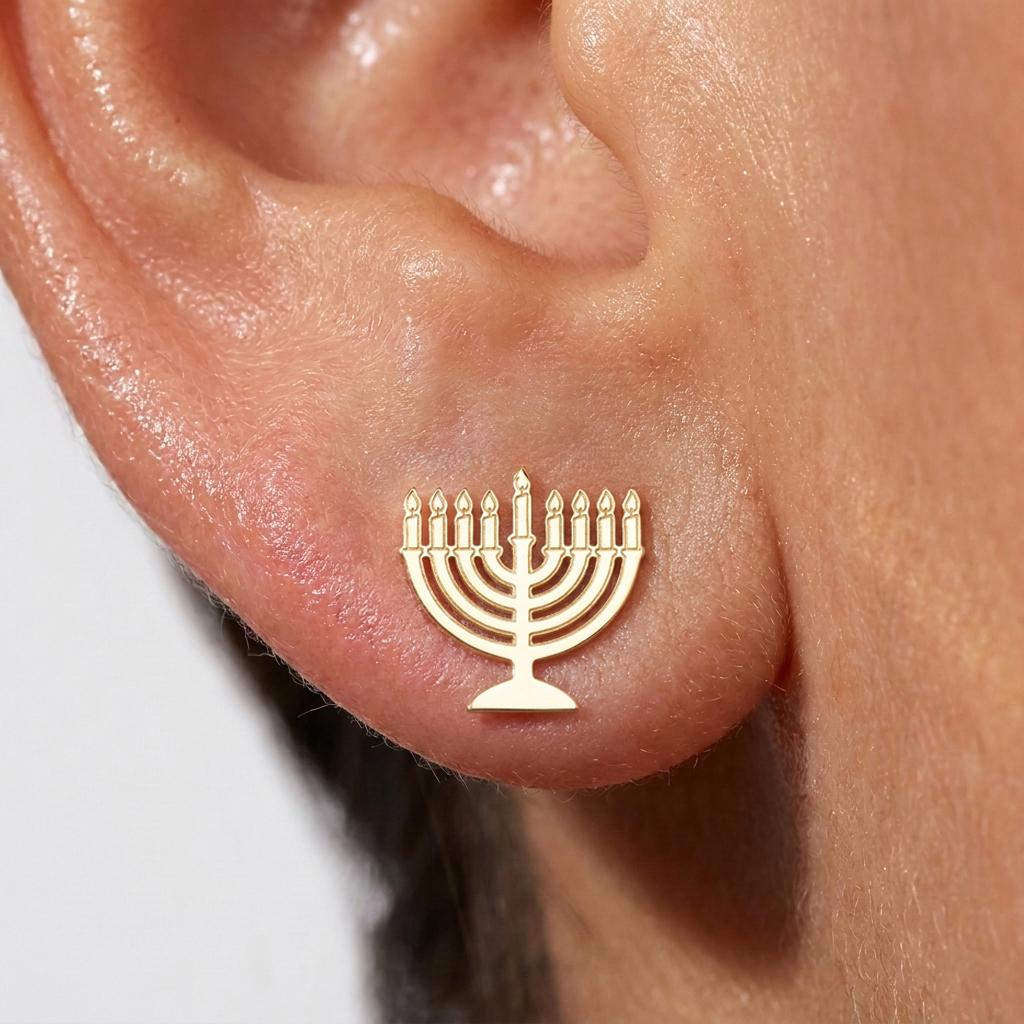 Pair of tiny menorah stud earrings in polished gold (2 of 5)